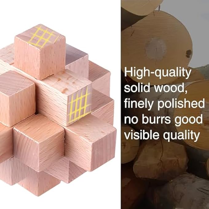 3D WOODEN CUBE BRAIN TEASER PUZZLE PENTAGO GAME, 9 PCS KONG MING LUBAN LOCK TOYS, WOODEN BRAIN GAMES, ASSEMBLING BALL CUBE CHALLENGE IQ BRAIN EDUCATION TOYS FOR KIDS AND ADULTS - Image 3